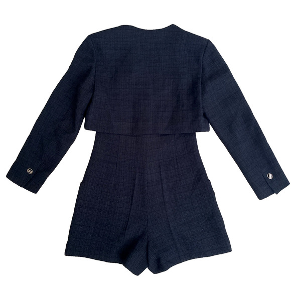 Sandro Seal Tweed Romper Black Long Sleeve Button Pockets V Neck 36 4 S - Picture 5 of 14